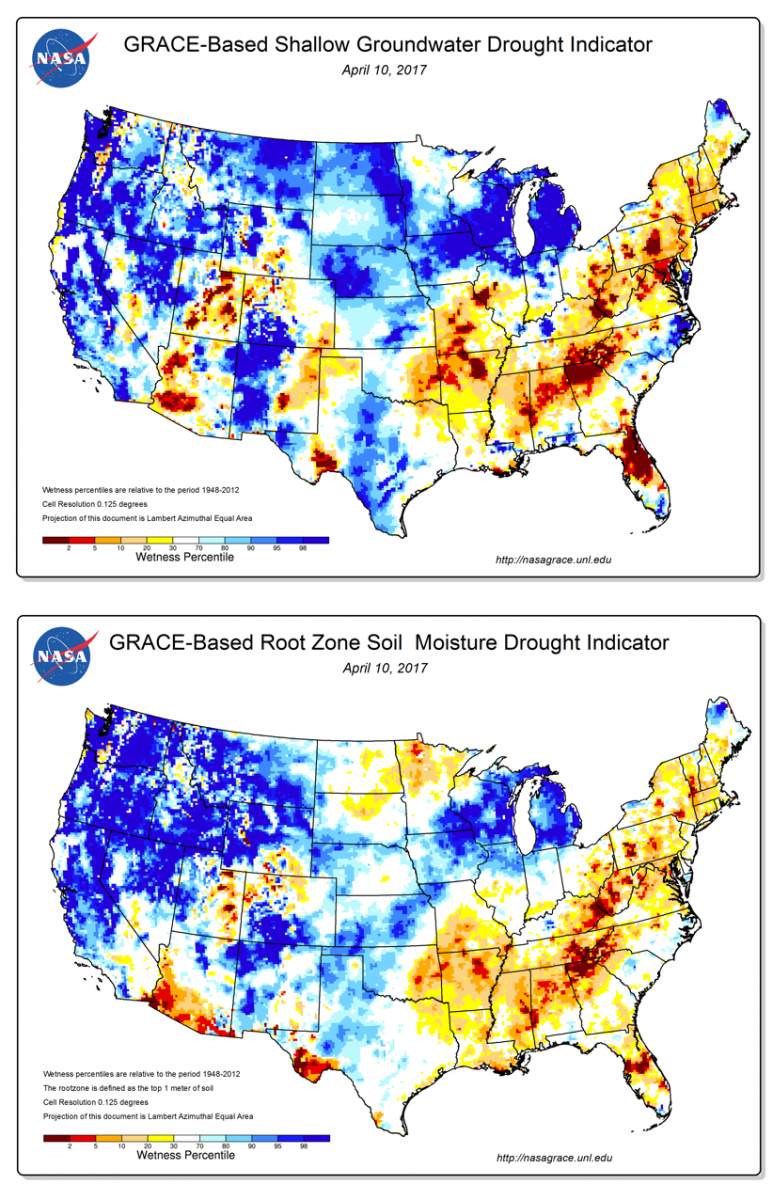 GRACE shallow groundwater (top) and root-zone soil moisture (bottom) indicators depicting drought conditions in parts of the southeastern U.S. in April 2017.