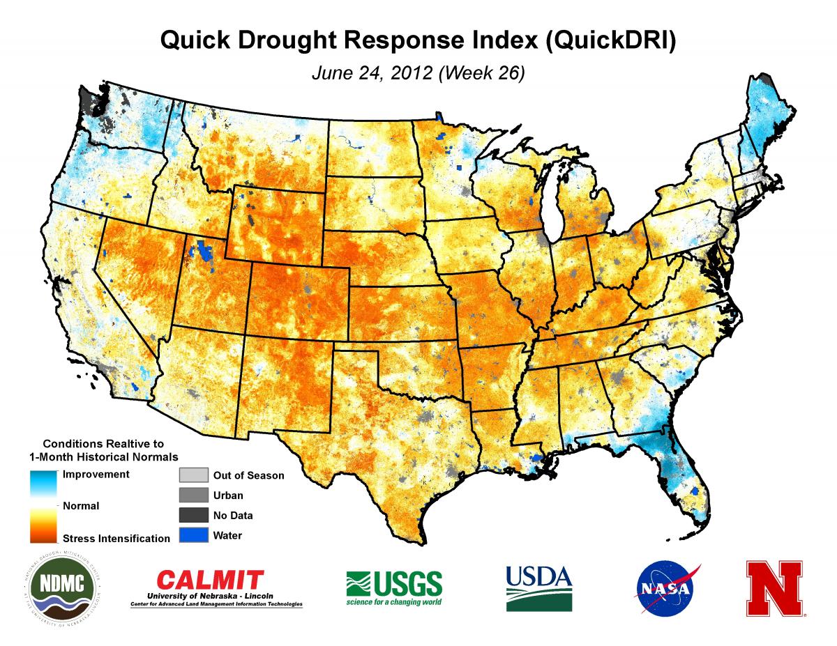 1-km QuickDRI map showing the intense short-term drought conditions across much of the United States as the severe to extreme 2012 drought event emerged.