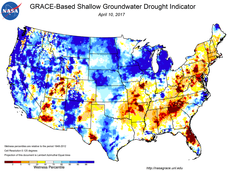GRACE shallow groundwater, indicators depicting drought conditions in parts of the southeastern U.S. in April 2017.