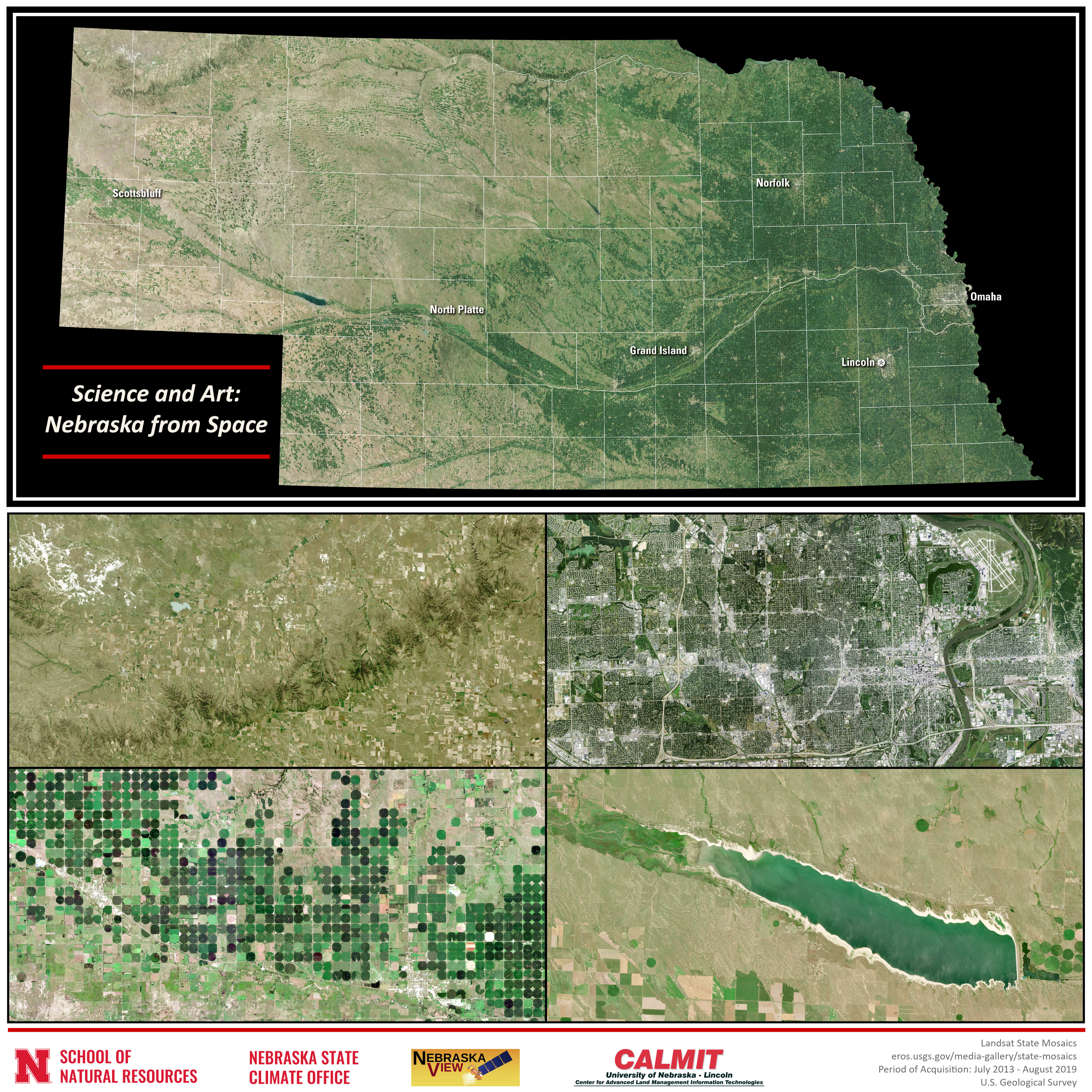 Satellite images of Nebraska showing landscapes, cities, agriculture, and a winding river.